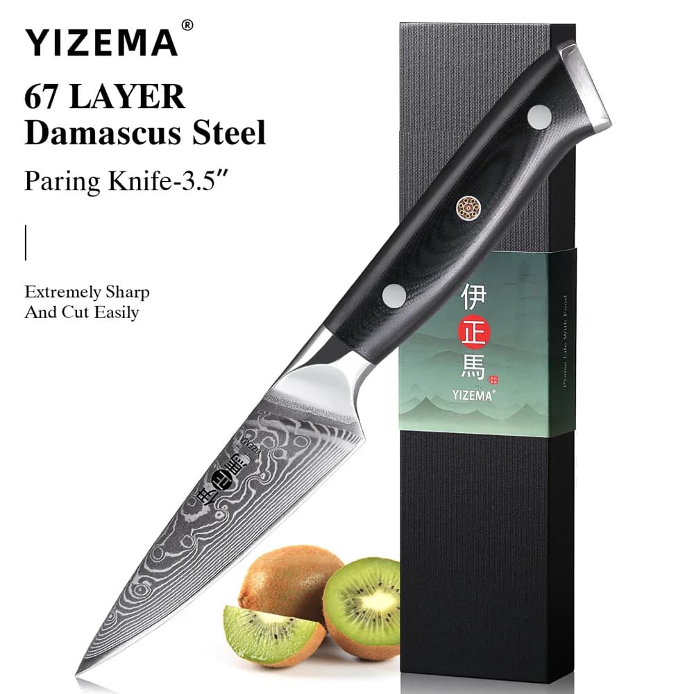Coltello da Cucina YIZEMA 3.5" in Acciaio Damascato a 67 Strati, Coltello da Chef Affilato, Utensile Multiuso per Pelare Verdure e Frutta, Strumenti da Cucina