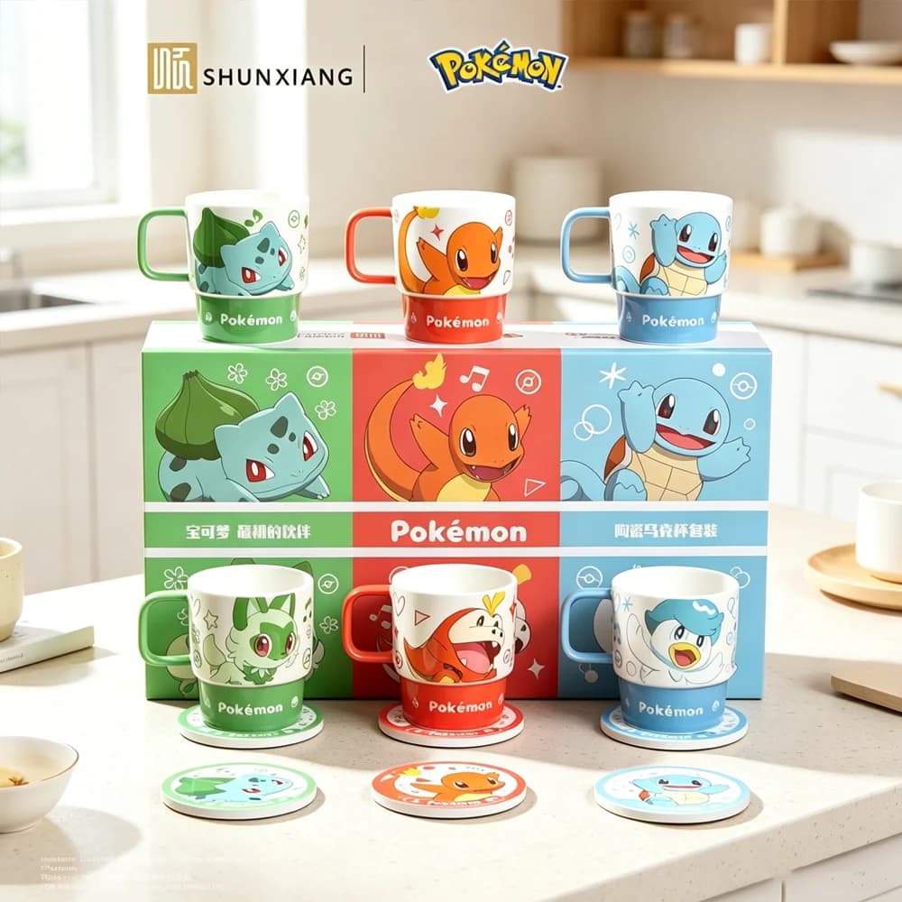 SHUNXIANG 12Pcs Pokemon Ceramic Mugs Set Stackable Coffee Cups Ceramic Coasters Mug With Gift Box Tea Cups Drinkware Set