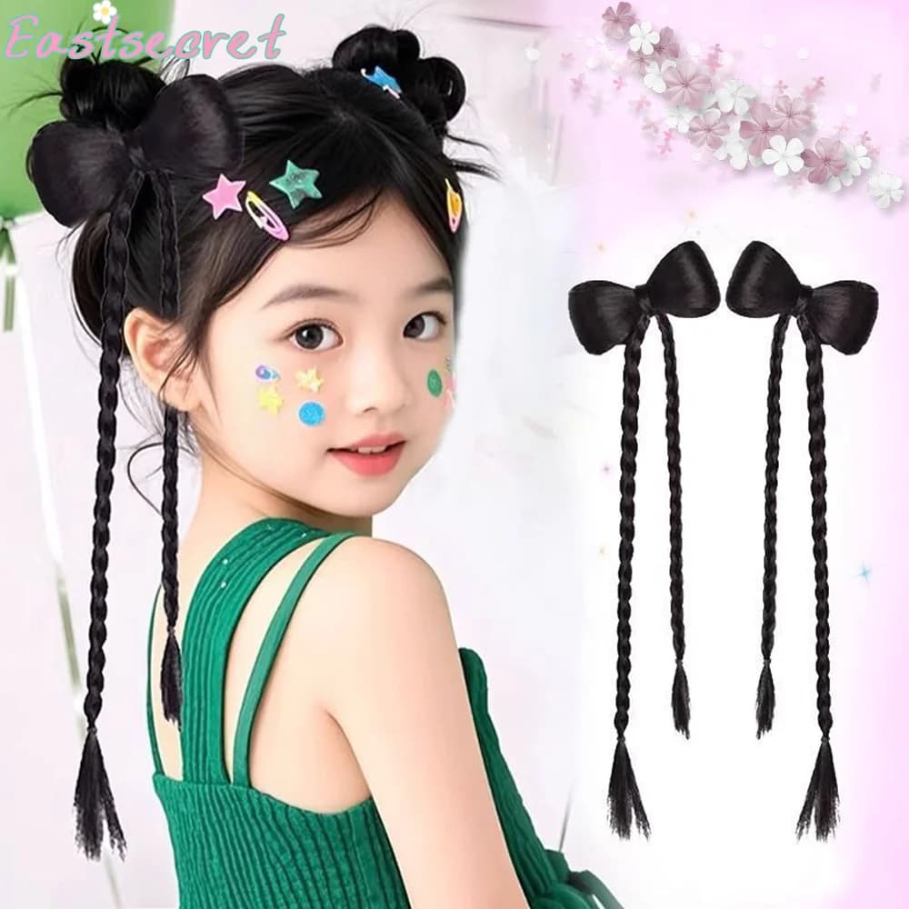 EAST Synthetic wig double ponytail Fried Dough Twists braid bow knot playful fluffy ball head grab clip