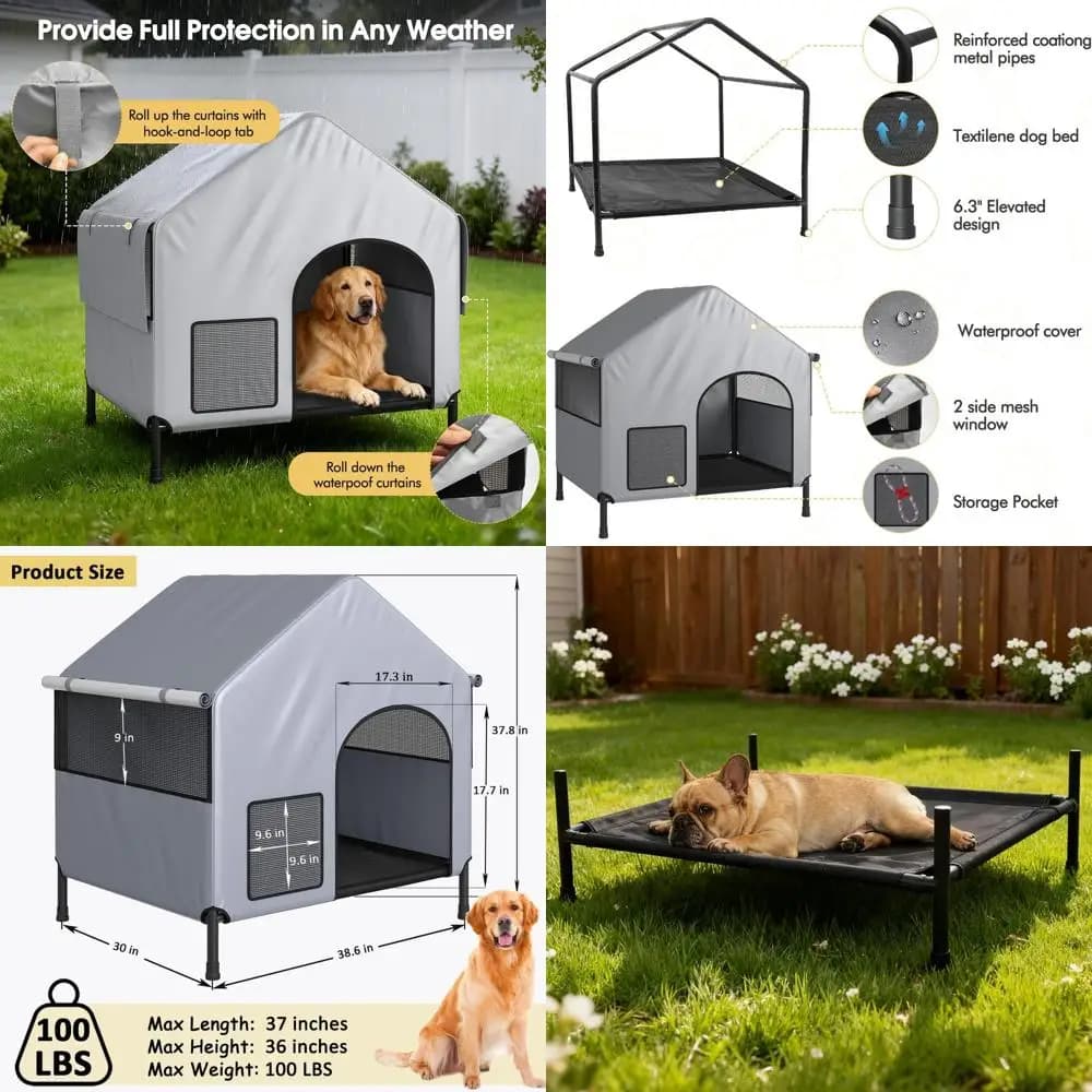 Cuccia per Cani Grande in Poliestere 600D Impermeabile con Letto Rialzato per Uso Esterno, Adatta per Cani e Gatti, Grigia