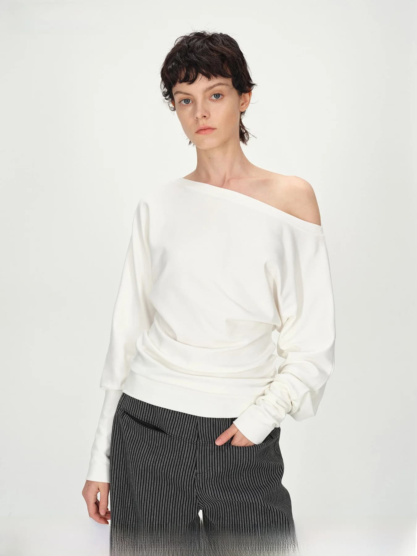 AFTADAWN Maglietta a manica lunga con design monospalla obliquo, in filato pettinato, top base effetto stratificato, in cotone elasticizzato, per l'autunno