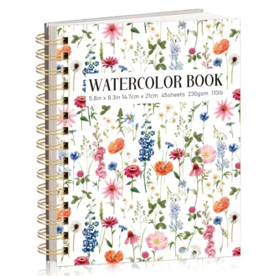 45 Shts Watercolor Paper Pad A5 Watercolor Sketchbook for Journal and Travel Floral cover, Spiral bound, Tear strip, 230gsm, Wa