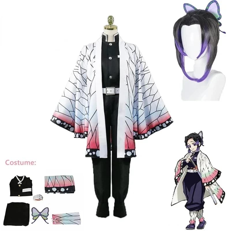 Anime Demon Slayer Kimetsu Kochou Shinobu Cosplay Kostuum Pruik Set Kimono Uniform Halloween Anime Kostuums Voor Volwassen Kid