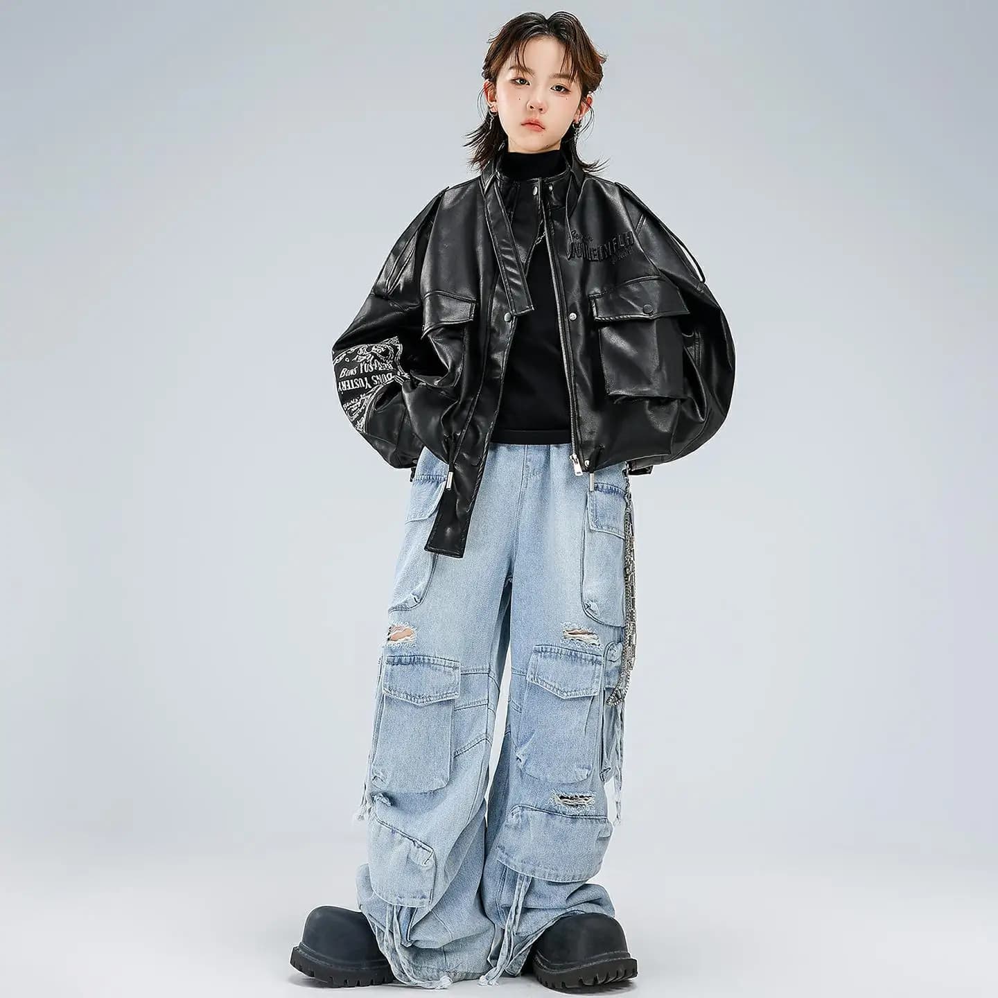 Kid Kpop Hip Hop Clothing Black PU Bomber Jacket Denim Blue Multi Pockets Ripped Jeans Pants for Girl Boy Dance Costumes Clothes