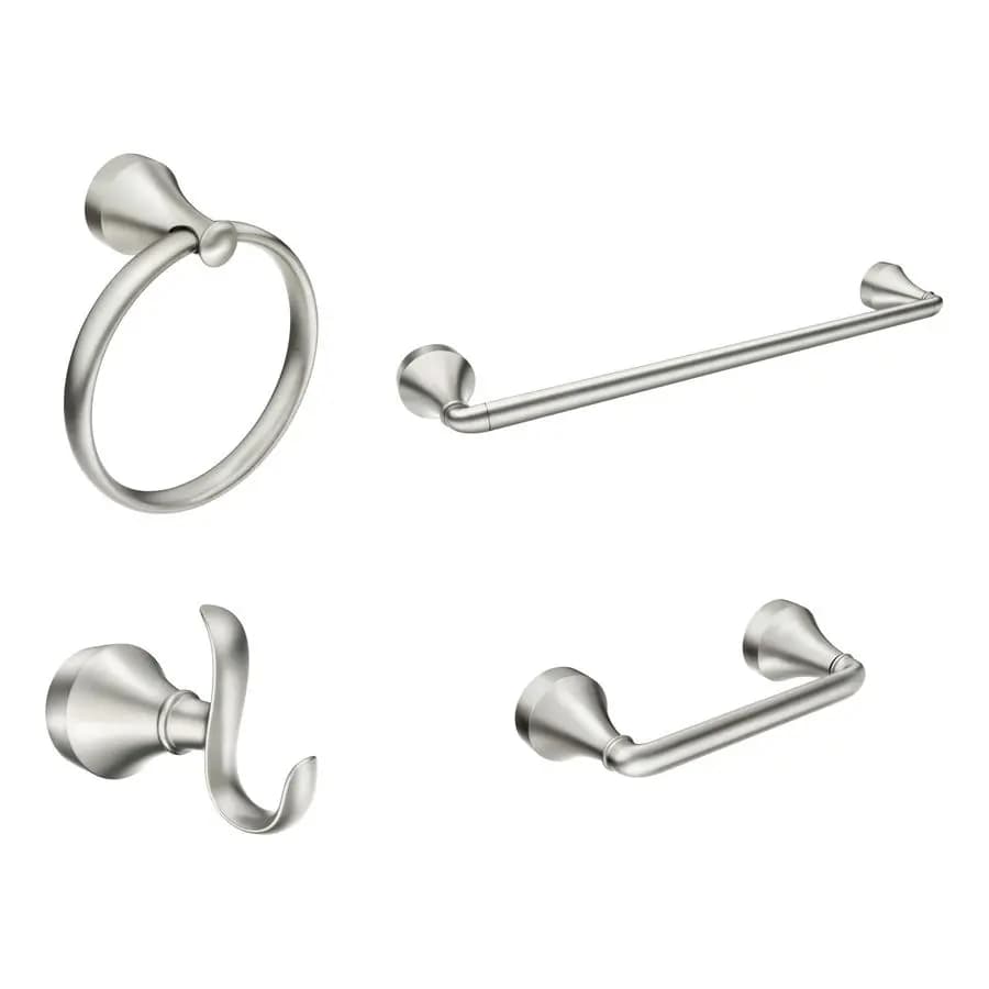 Collezione di accessori da bagno Wellton in nichel spazzolato, 4 pezzi, include anello portasciugamani, gancio per accappatoio, portasciugamani e porta carta igienica girevole