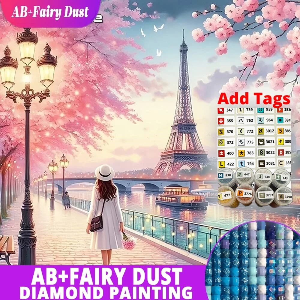 Adesivi AB Fairy Dust DMC per Pittura Diamante Fai da Te, Paesaggio Torre Eiffel, Ricamo Diamante Completo Quadrato e Rotondo, Mosaico River Street
