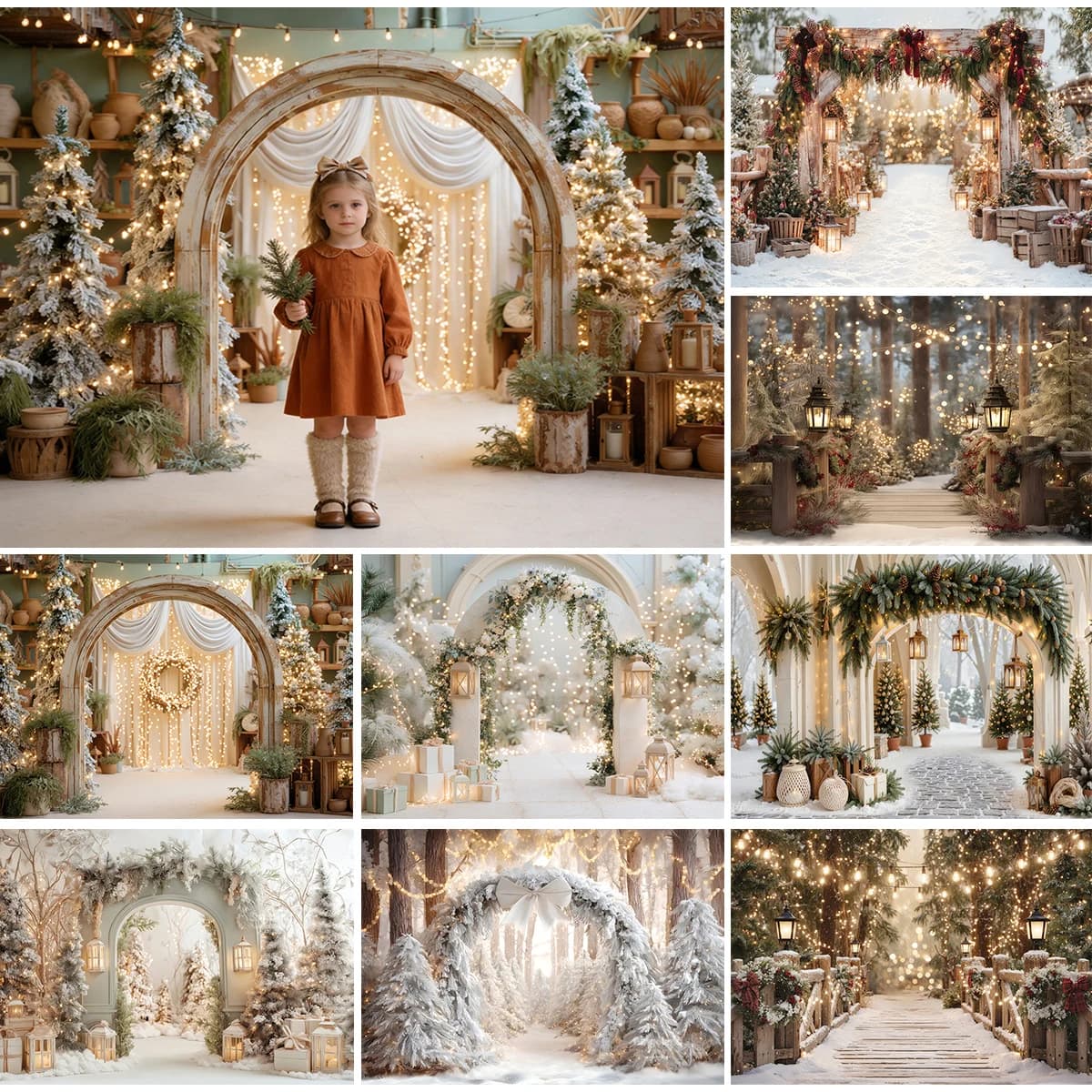 Elegant White Snow Christmas Arch Forest Backdrop Warm Glowing Fairy Light Xmas Photo Background For Children And Adults Shot
