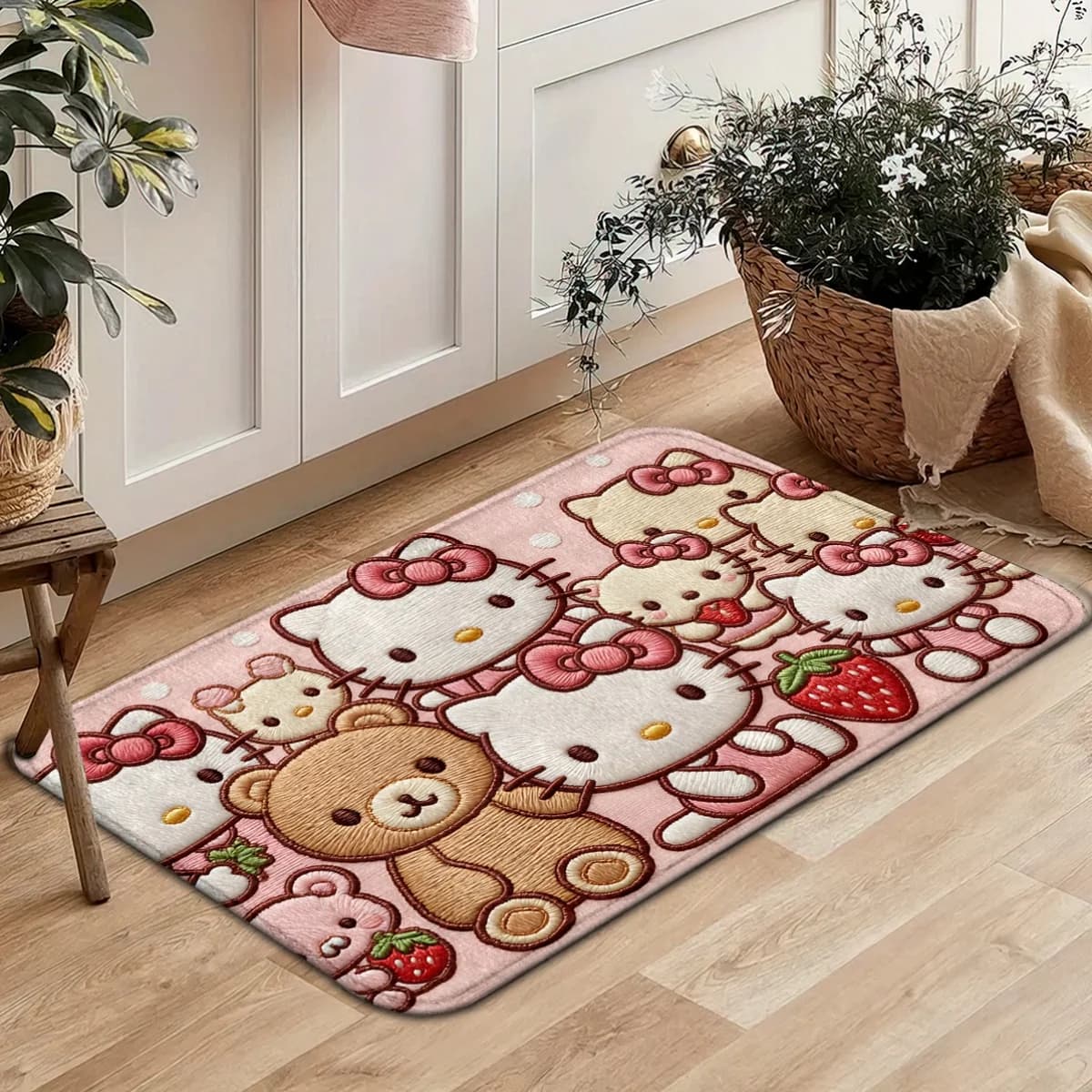 Tappetino da bagno con stampa fragole di Hello Kitty e i suoi amici, antiscivolo, assorbente, simpatico tappetino da ingresso con cartoni animati, morbido tappetino in flanella per la casa