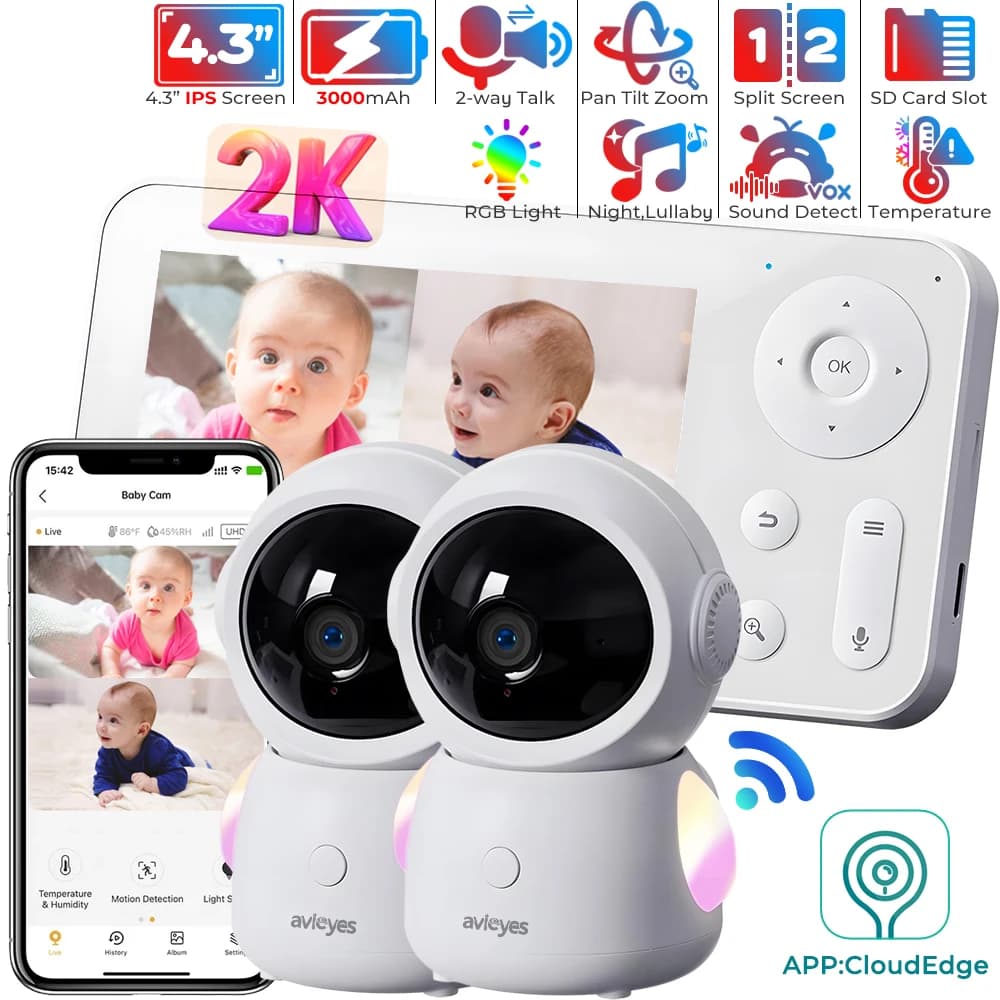 2K 3MP Wifi Baby Monitor Tramite schermo e controllo app Due fotocamere Schermo diviso Telefono per bambini Monitoraggio automatico PTZ Macchina fotografica per bambini Luce notturna Visione notturna, conversazione bid
