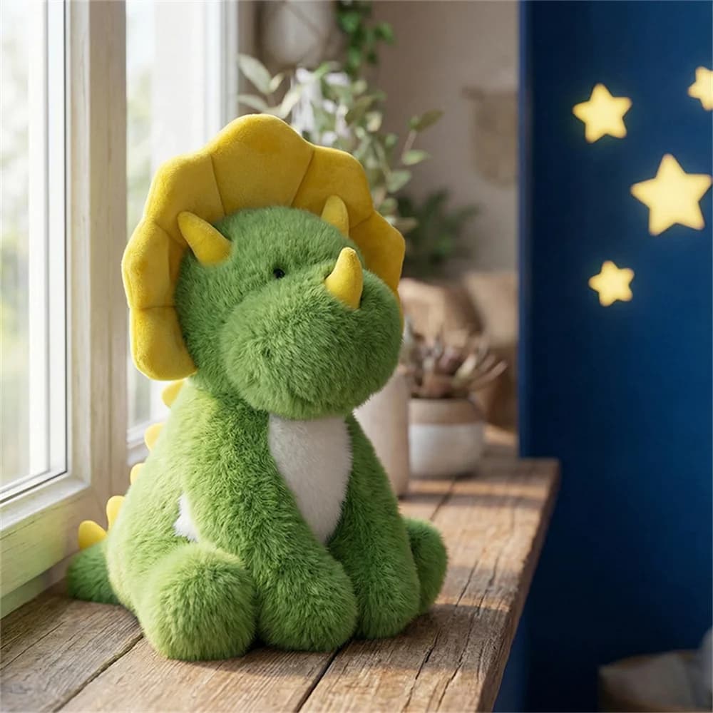 Peluche di dinosauro verde Kawaii da 25 cm, simpatico triceratopo con corna gialle, comodo cuscino per bambini