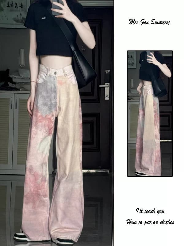High Waist Gradient Loose Women's Jeans Summer New Style 3D Print Wide Leg Pants Cool Sweet Floral Dyeing Design Sensation