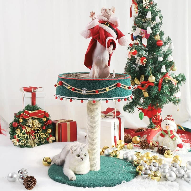 Tiragraffi per gatti creativo e multifunzionale, con lettino, albero per gatti, piattaforma per salti integrata e giocattoli per gatti