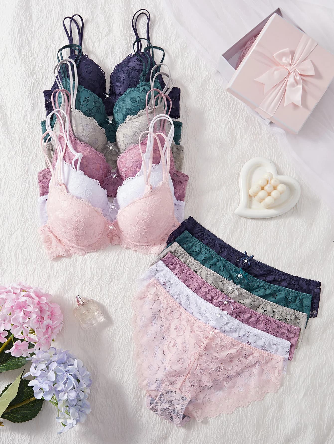 6-Piece Solid Women's Underwear Set Floral Lace Push Up Bra Sexy Hollow Out Panties Comfortable Lingerie Set