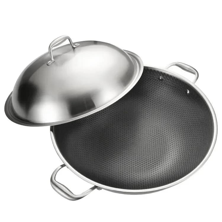 316 stainless steel hybrid pan with non-stick cooking surface Cover for double handle Wok pan for home use in hotel kitchen