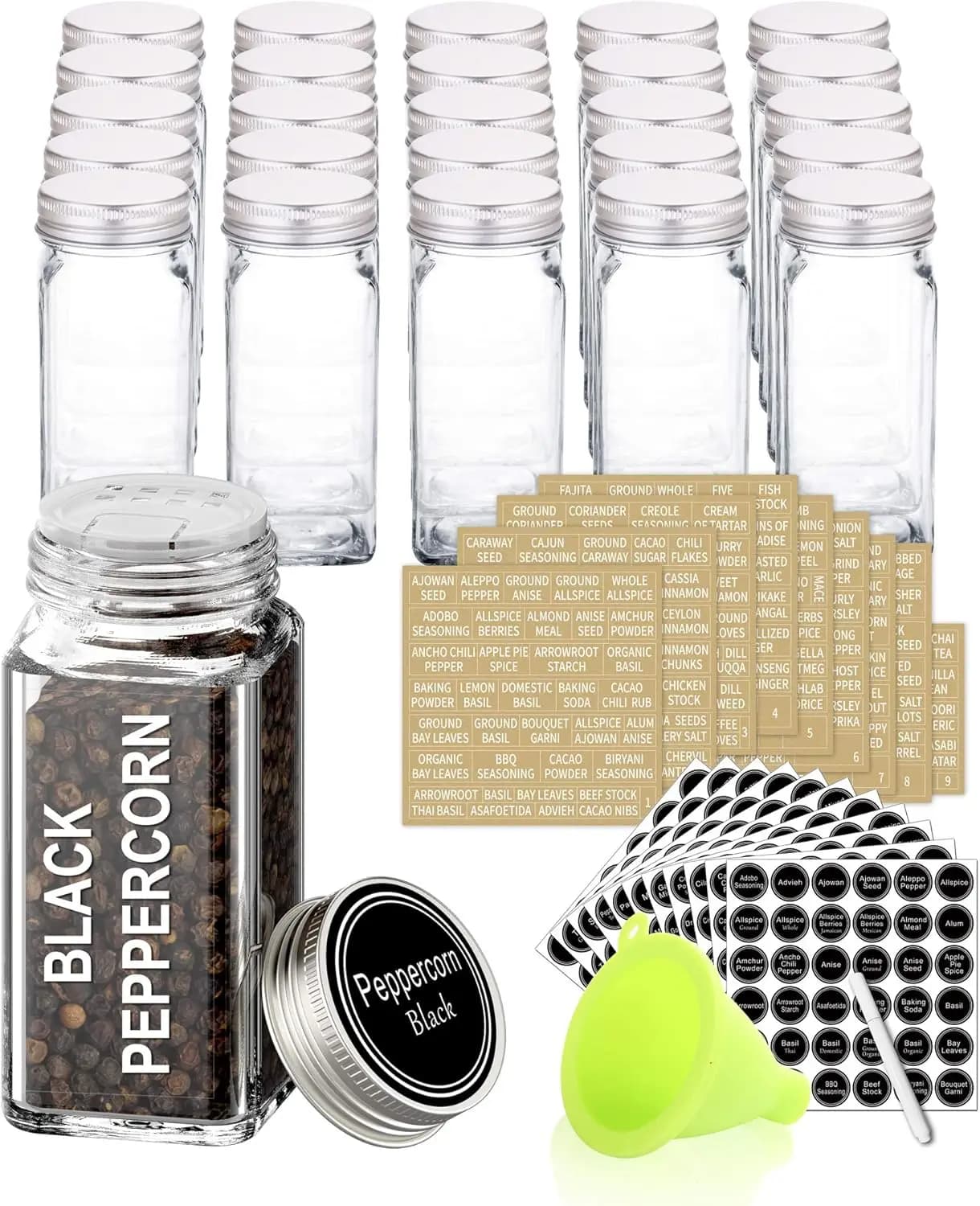 Set di 25 Barattoli in Vetro per Spezie con 713 Etichette, Pennarello e Imbuto - Contenitori Quadrati da 4oz, Ermetici e con Coperchi Dosatori