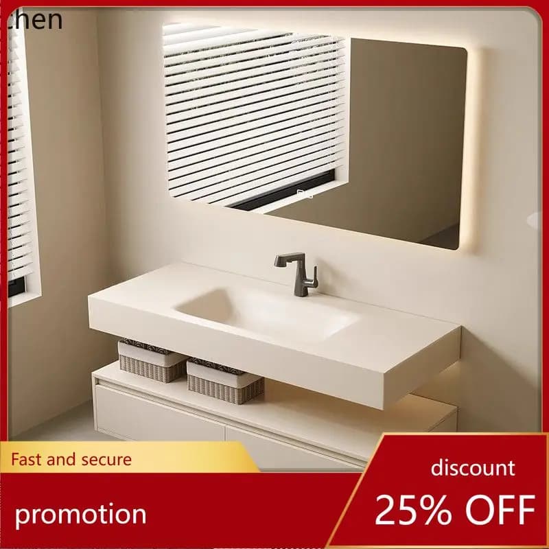 Set Lavabo Integrato HXL Rock Slab con Specchio e Mobiletto per Bagno, Curvato a Caldo