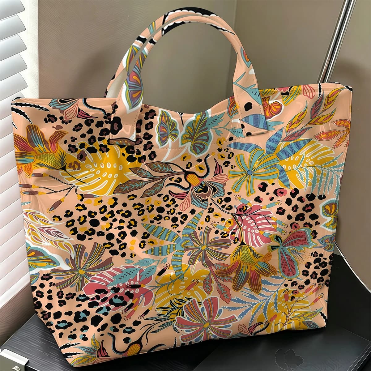 Tropical Leopard Cute Large Glossy PVC Tote Bag Hand Washable Lightweight Soft Great for Travel Commute Makeup Storage Handbags