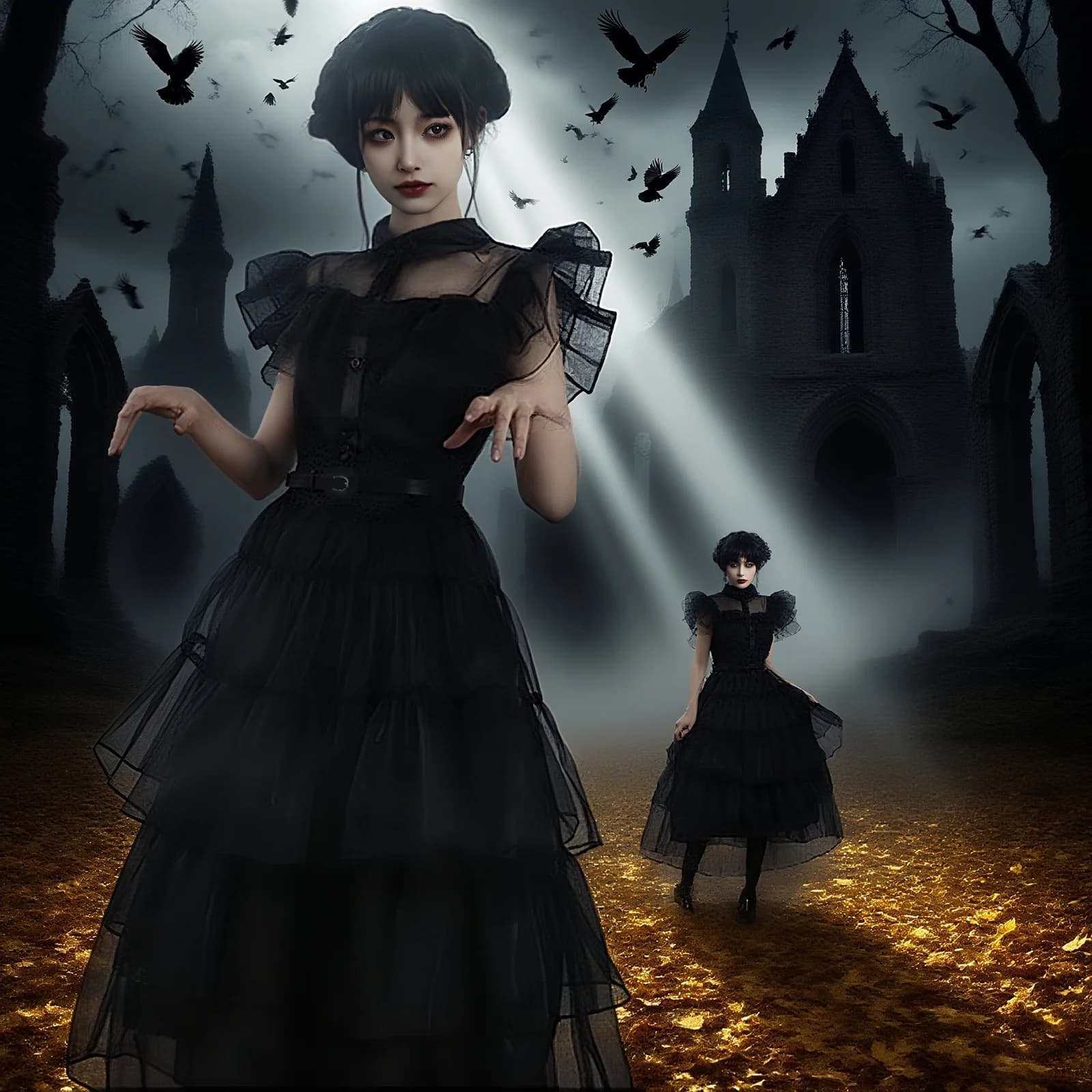 Costume di Halloween, festa di ruolo in famiglia, abito gotico con bordo in pizzo a strati, abito con cintura