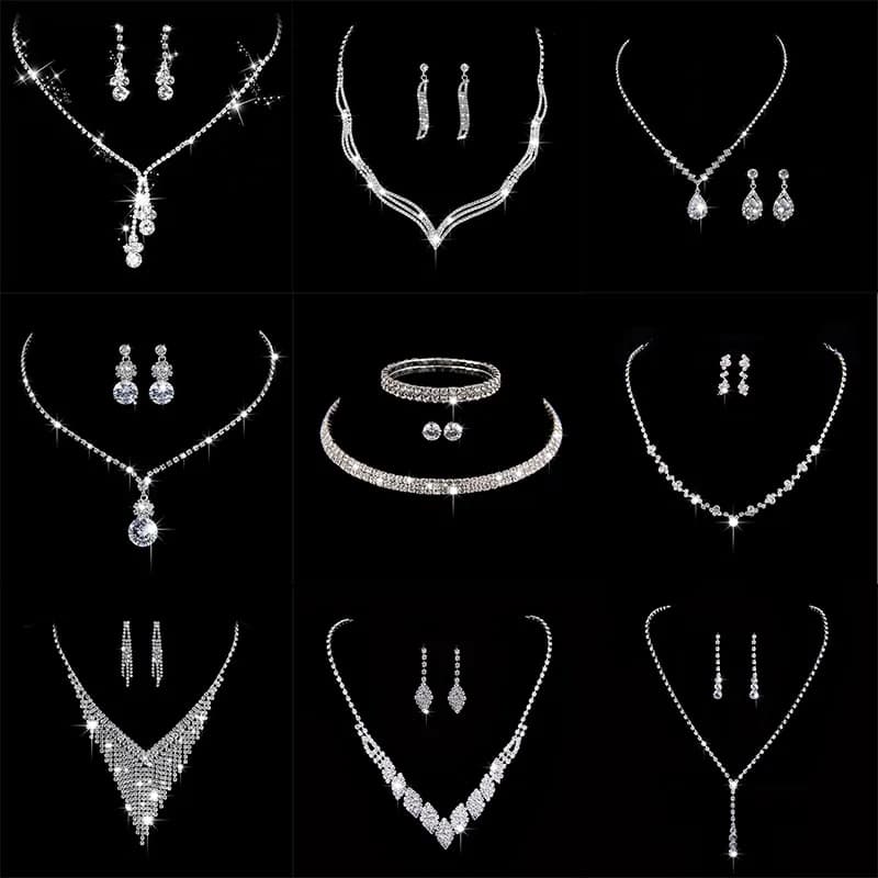 Set di gioielli da sposa in cristallo di moda con strass, abito da sposa placcato in argento, collana per banchetti, orecchini, regalo da donna