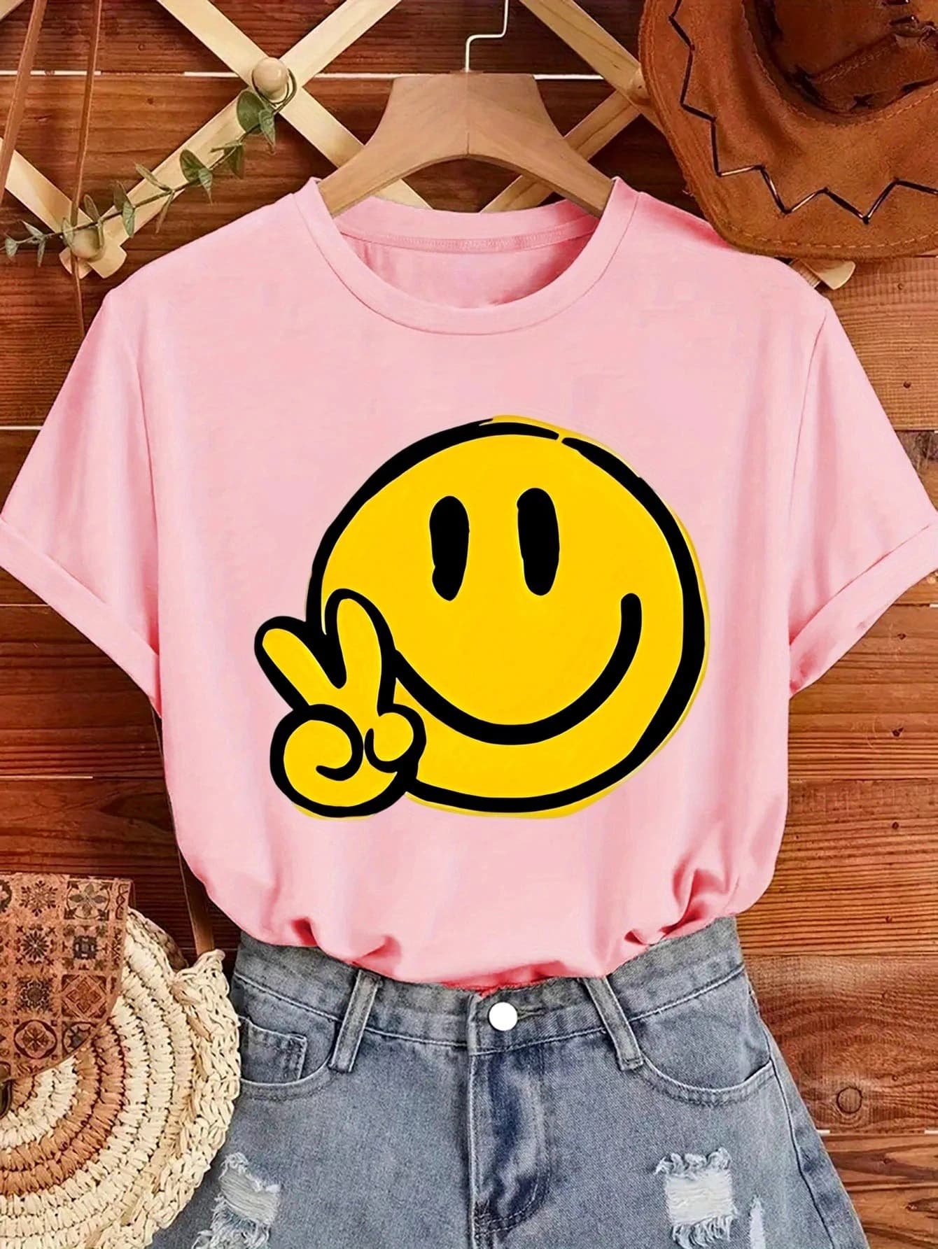 T-shirt da donna con motivo geometrico Joyful Face Smile, top casual a maniche corte, comodo abbigliamento estivo da donna