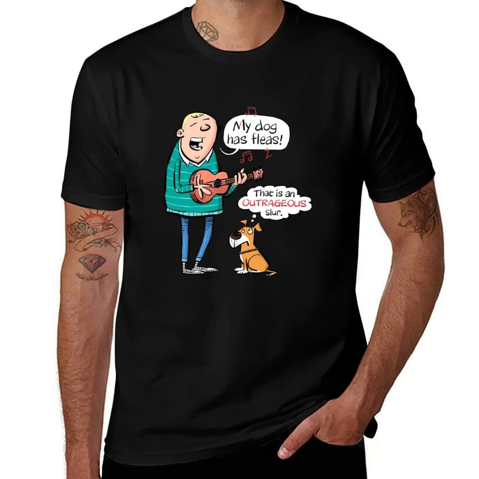 My dog has fleas - Ukulele cartoon T-Shirt Work Basic Short Sleeve Top T-Shirt