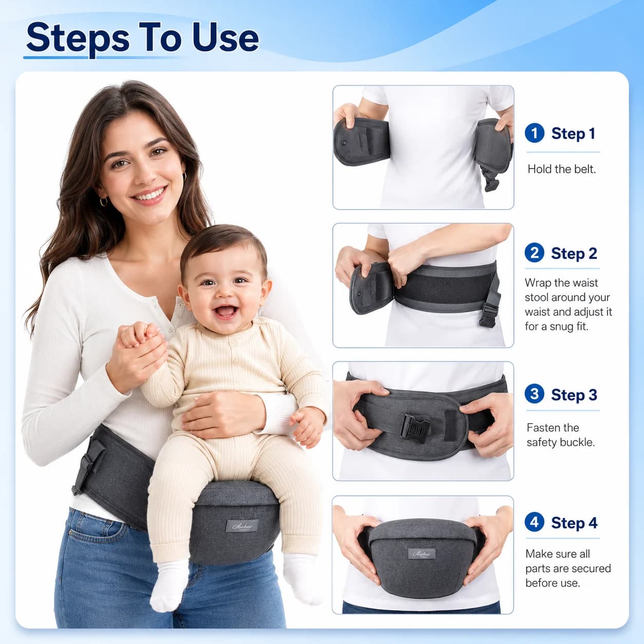 Adjustable Front-Facing Baby Carrier Waist Stool with Hip Seat, Belt for Kids, Infant Walkers, Sling Hold, Waist Belt Backpack