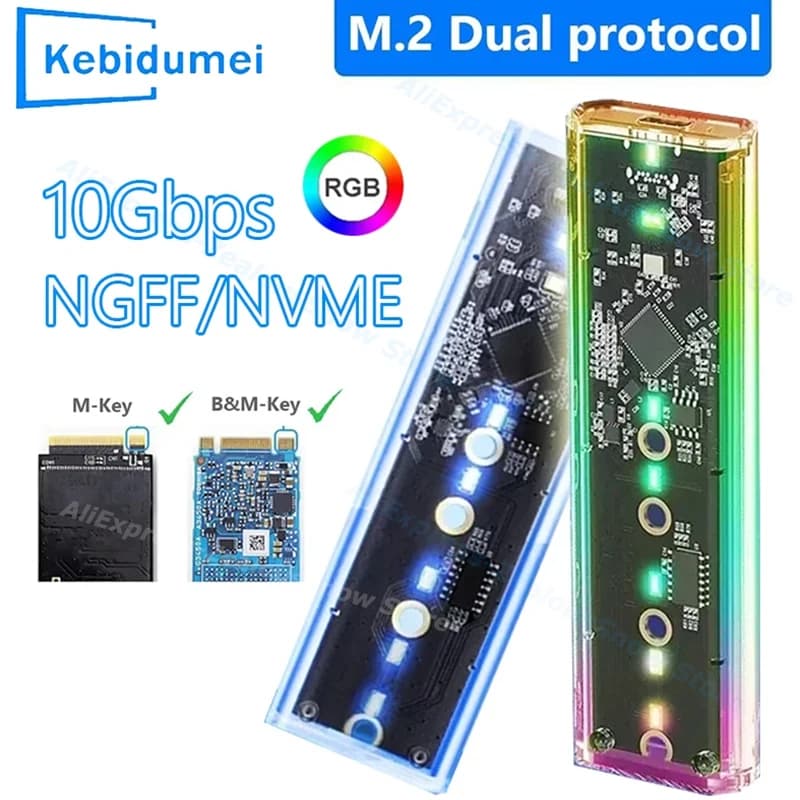 RGB M.2 NVME PCIe NGFF SATA Custodia SSD doppio protocollo Trasparente USB Tipo C 10Gbps PCI-E M2 SSD Custodia esterna Scatola disco chiave M/B rigida