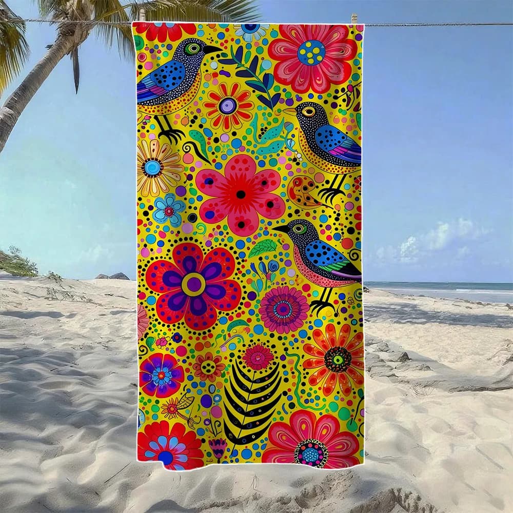 Asciugamano da spiaggia colorato con motivi floreali, uccelli e balene, morbido e ad asciugatura rapida, perfetto per viaggi all'aperto, nuoto, campeggio e spiaggia estiva