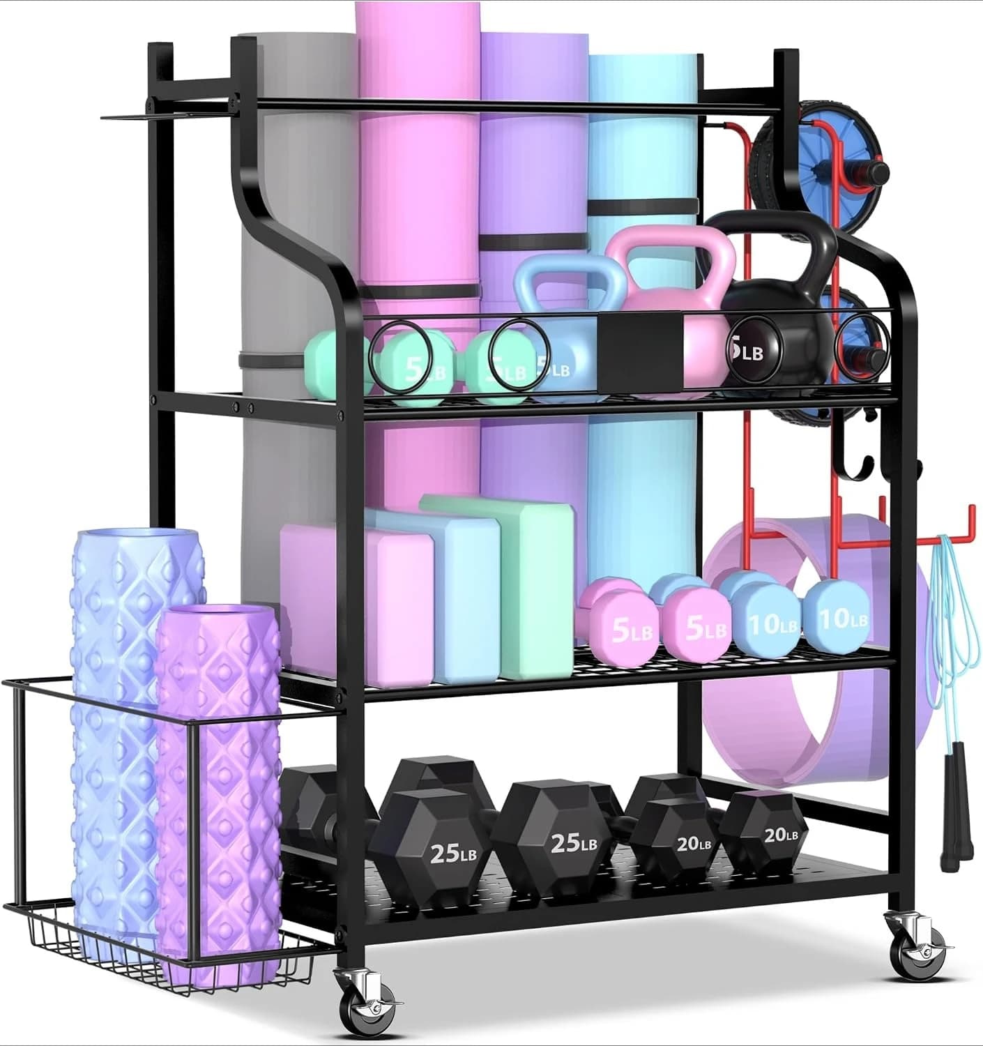 All‑in‑One Metal Home‑Gym Storage Rack with Locking Wheels & Hooks, Workout Equipment Organizer for Dumbbells, Kettlebells, Yoga Mats and Fitness Gear