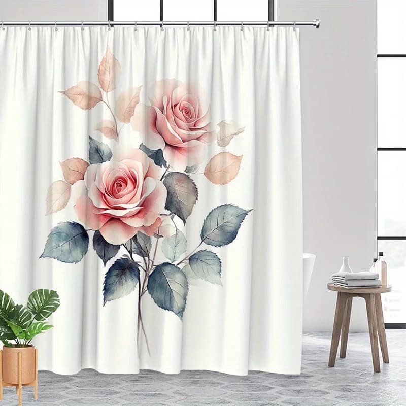 Tenda da doccia con rose rosa morbide – Design acquerello vellutato, poliestere con ganci, decorazione da bagno lavabile in lavatrice