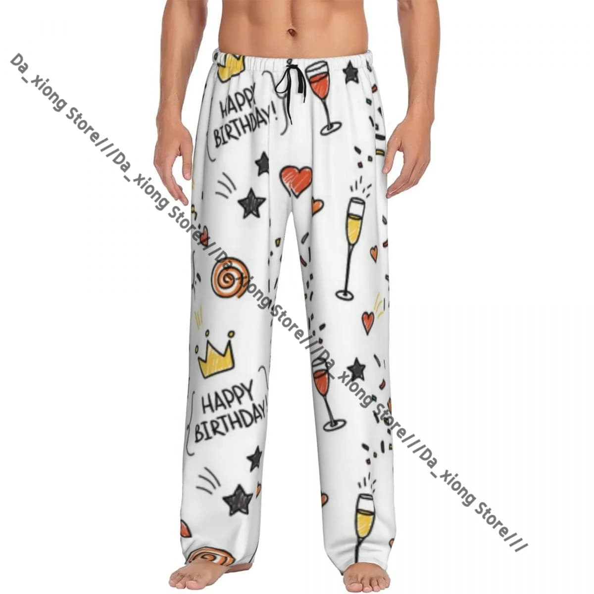 Pigiama casual da uomo, pantaloni lunghi, elastico in vita, disegnato a mano, modello a tema compleanno, comodi indumenti da notte, pantaloni da salotto per la casa