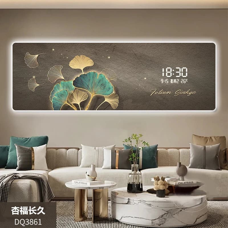 Lining of ginkgo Nine fish Painting Decoration of the living room Painting Electronic watch Wall lamp for bedroom Clock plug-in