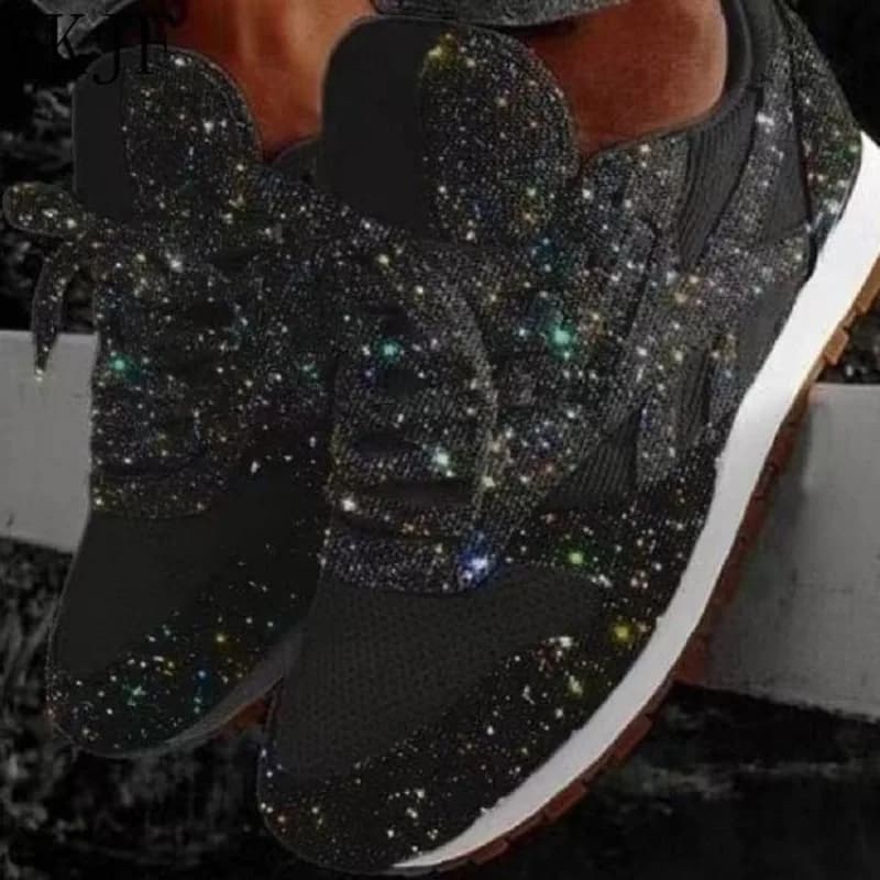 Scarpe da ginnastica piatte da donna con glitter Scarpe casual da donna con lacci in rete con plateau Bling Comode scarpe vulcanizzate taglie forti 2025 Maglia morbida