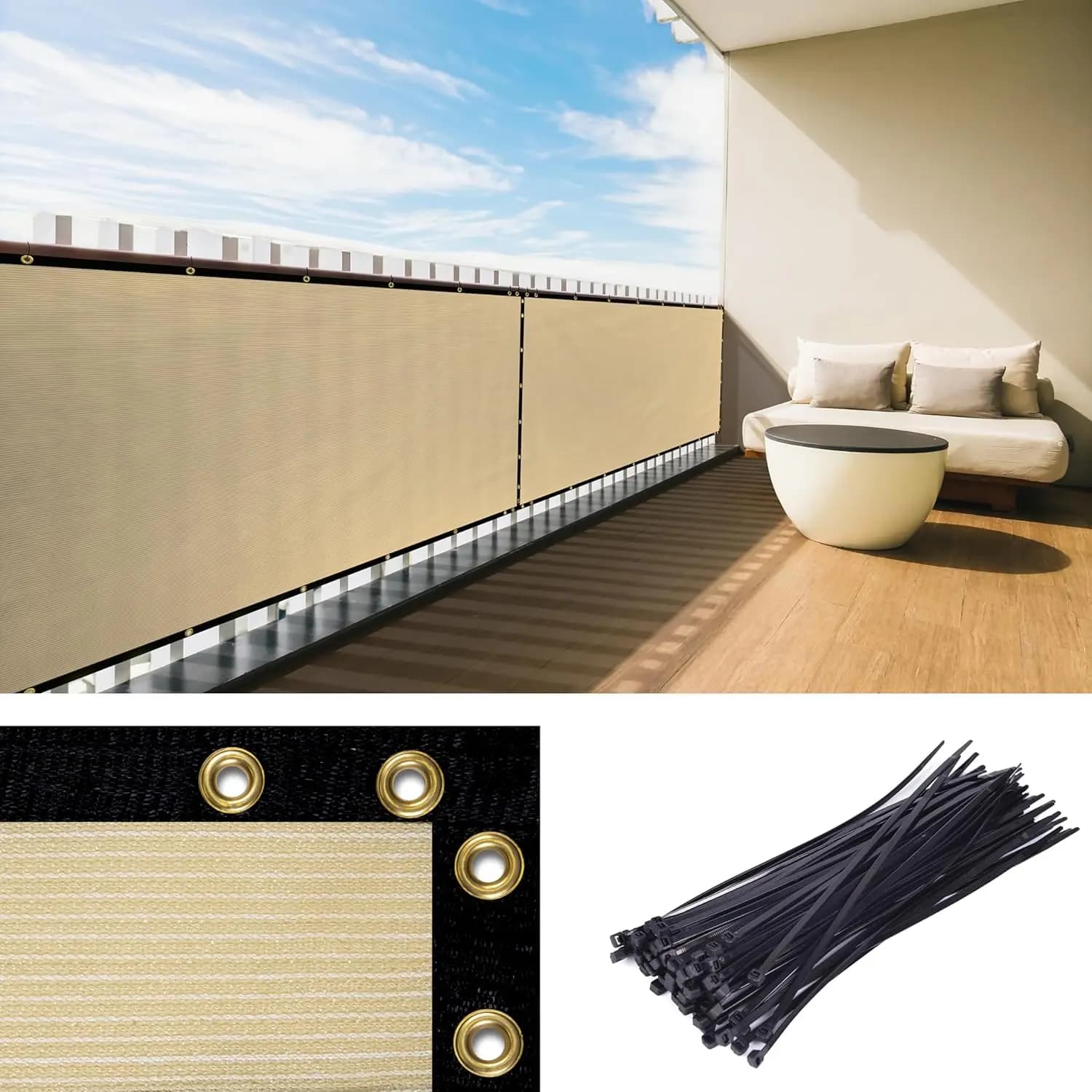 Schermo Privacy per Balcone su Misura 3'x35' Beige - Fascette per Cavi Incluse