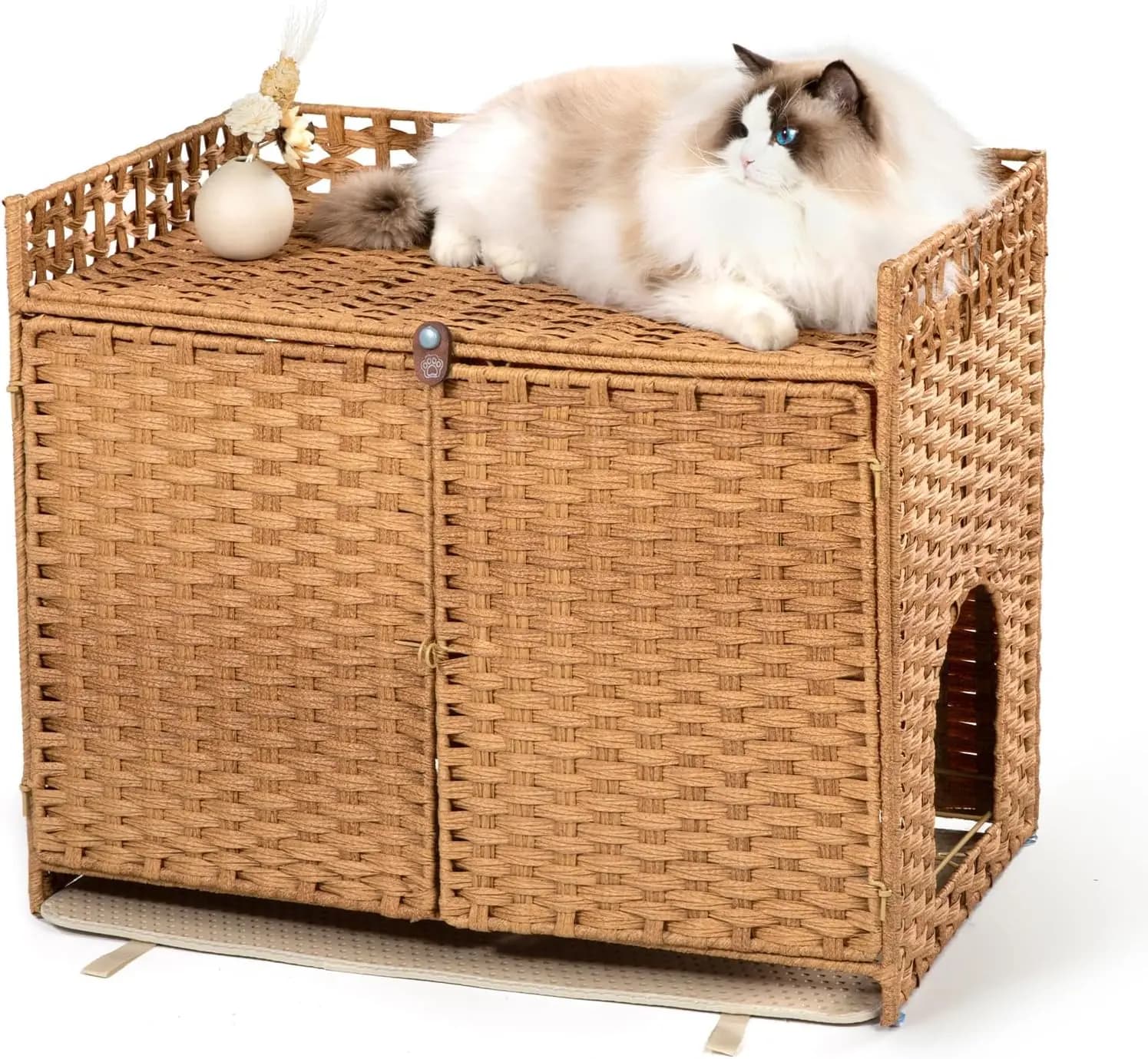 Cuccia per Gatti in Rattan Intrecciato a Mano con 2 Tappetini, Grande 77 cm (L) x 46,3 cm (L) x 61,6 cm (A), Utilizzabile anche come Cuccia per Gatti da Interno o Tavolino Laterale