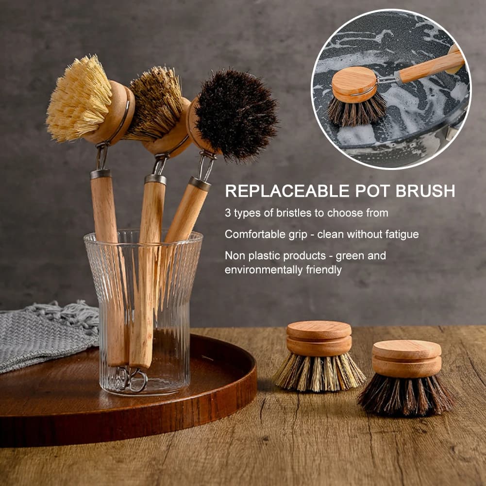 Spazzola per piatti sostituibile Manico in legno Spazzola per macchie per pentole Spazzole per pulizia domestica portatili Accessori da cucina