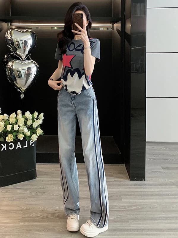 Set Sportivo Trendy Streetwear da Donna Estate 2026, Top Casual con Collo Tondo e Maniche Corte, Jeans a Gamba Larga, Completo Due Pezzi