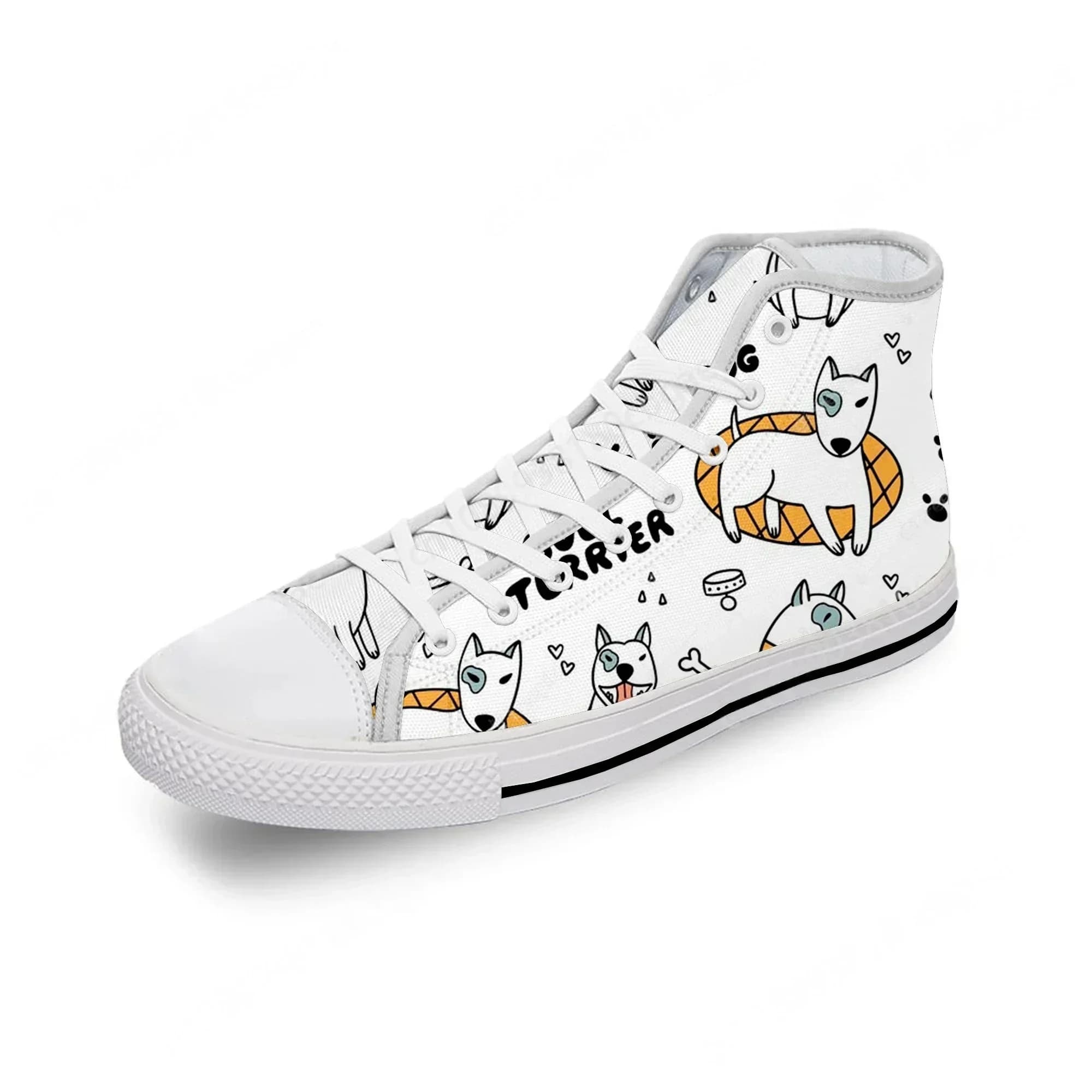 Scarpe da ginnastica alte in tela con stampa 3D di cane bull terrier in stile cartone animato, bianche, alla moda, leggere e traspiranti, da uomo e da donna