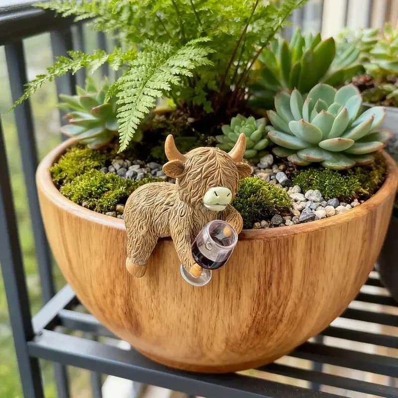 Simpatica statuetta in resina di mucca delle Highland, decorazione del bordo della fioriera, con un bicchiere di vino, stravagante vaso succulente, accessorio per la casa/all'aperto