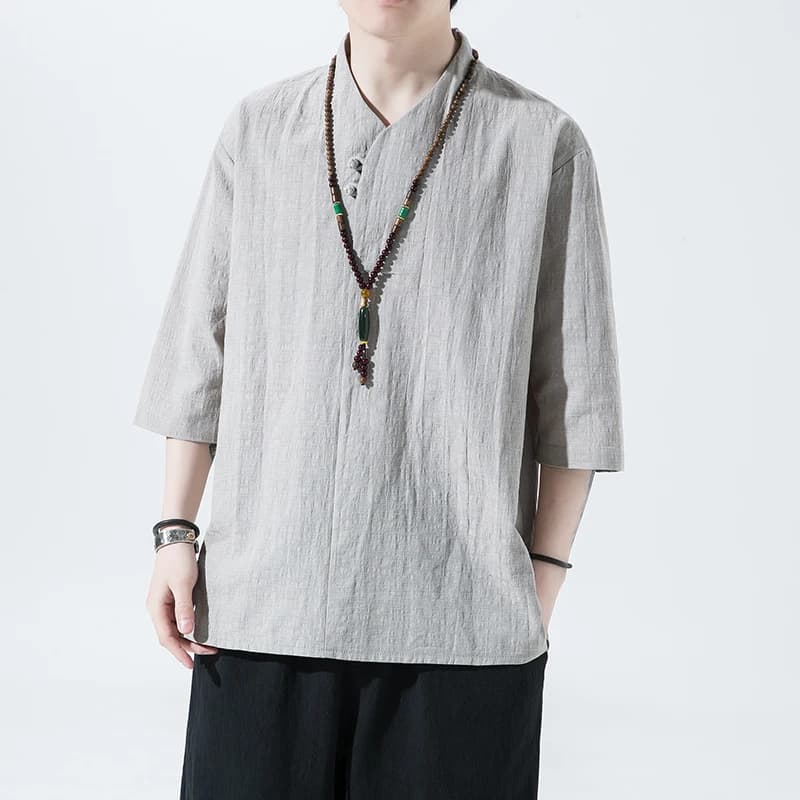 Magliette estive da uomo in cotone e lino magliette Casual da uomo in tinta unita a maniche corte t-shirt da spiaggia allentata in stile cinese maschile