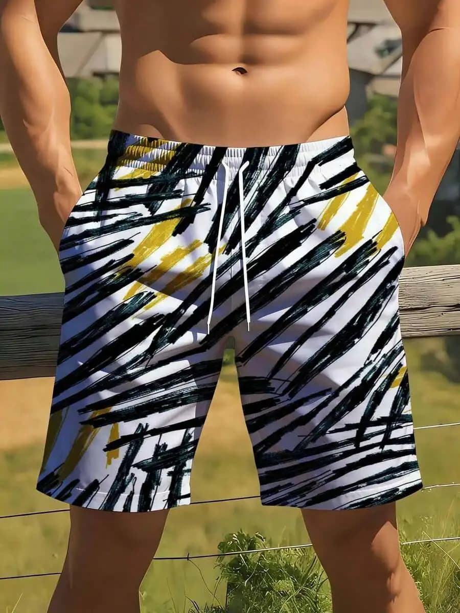Pantaloncini da bagno da uomo con stampa astratta, neri, bianchi, gialli, per la spiaggia, l'estate e l'uso all'aperto