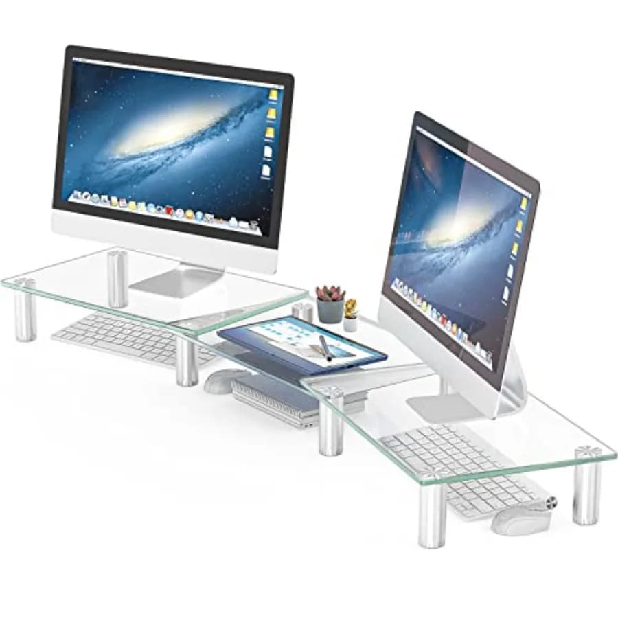Supporto per doppio monitor, lunghezza e angolazione regolabili, organizer da scrivania per PC, computer, laptop, trasparente