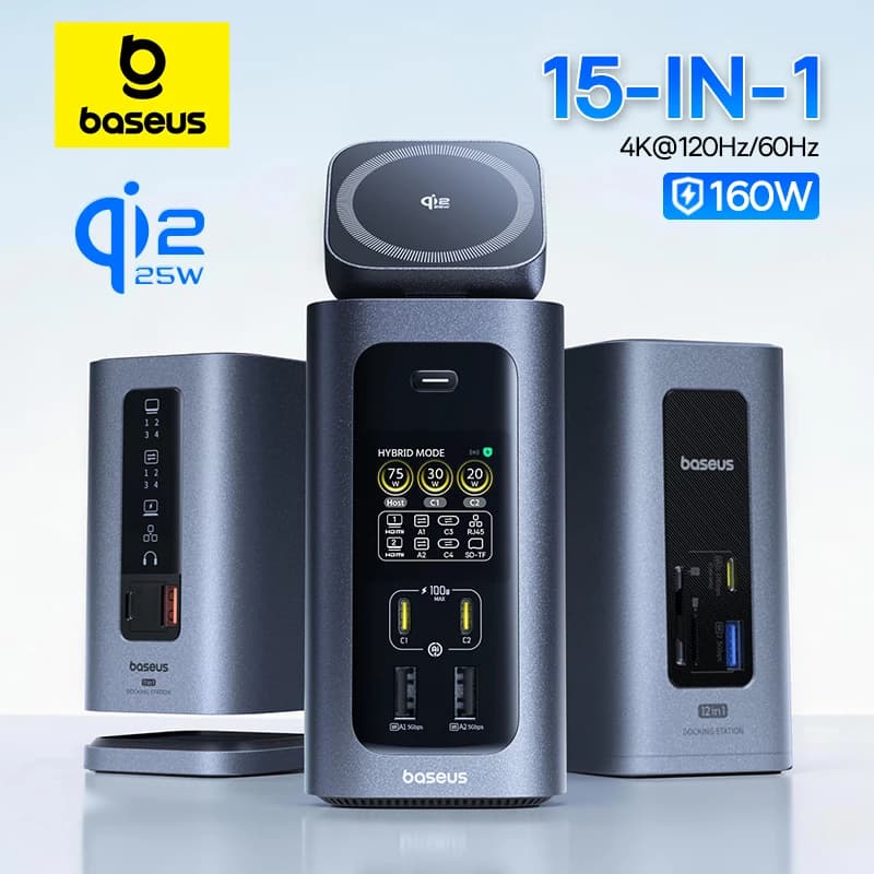 Baseus Hub USB C 160W 15-in-1 con 2 HDMI 4K@120Hz 60Hz, Caricatore Wireless Qi2.2 25W, Adattatore GaN 180W EU/US, Docking Station
