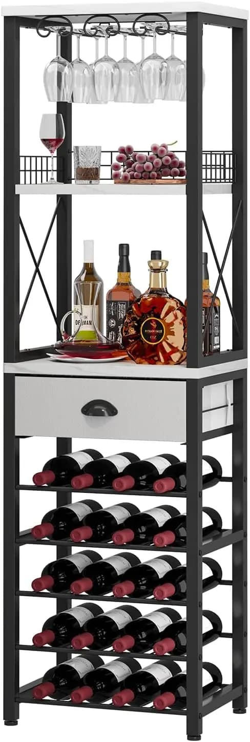 Portabottiglie a 4 livelli autoportante con piano d'appoggio, portabicchieri e cassetto portaoggetti per mobile bar domestico