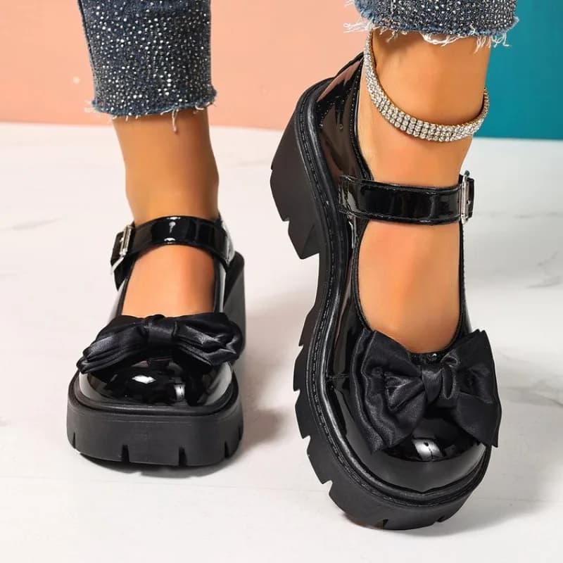 Scarpe Mary Jane in Pelle Nera con Suola Spessa, Scarpe con Tacco Grosso e Punta Tonda per Donna, Mocassini Primavera-Autunno