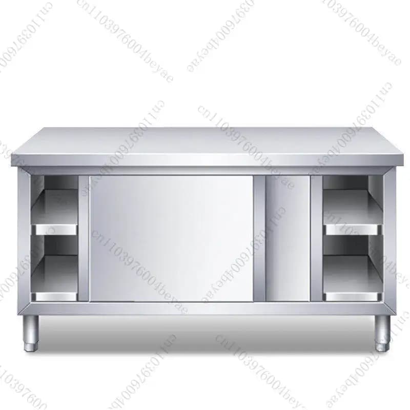 304 stainless steel workbench kitchen operation countertop locker cutting table with sliding door chopping board commercial