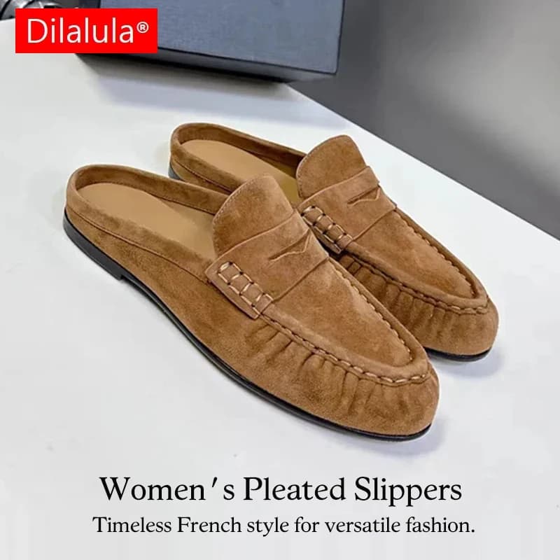 Dilalula 2026 Mules da Donna in Vera Pelle Stile Francese, Ciabatte Piatte Pieghettate Slip-On Casual, Taglie Forti 34-43