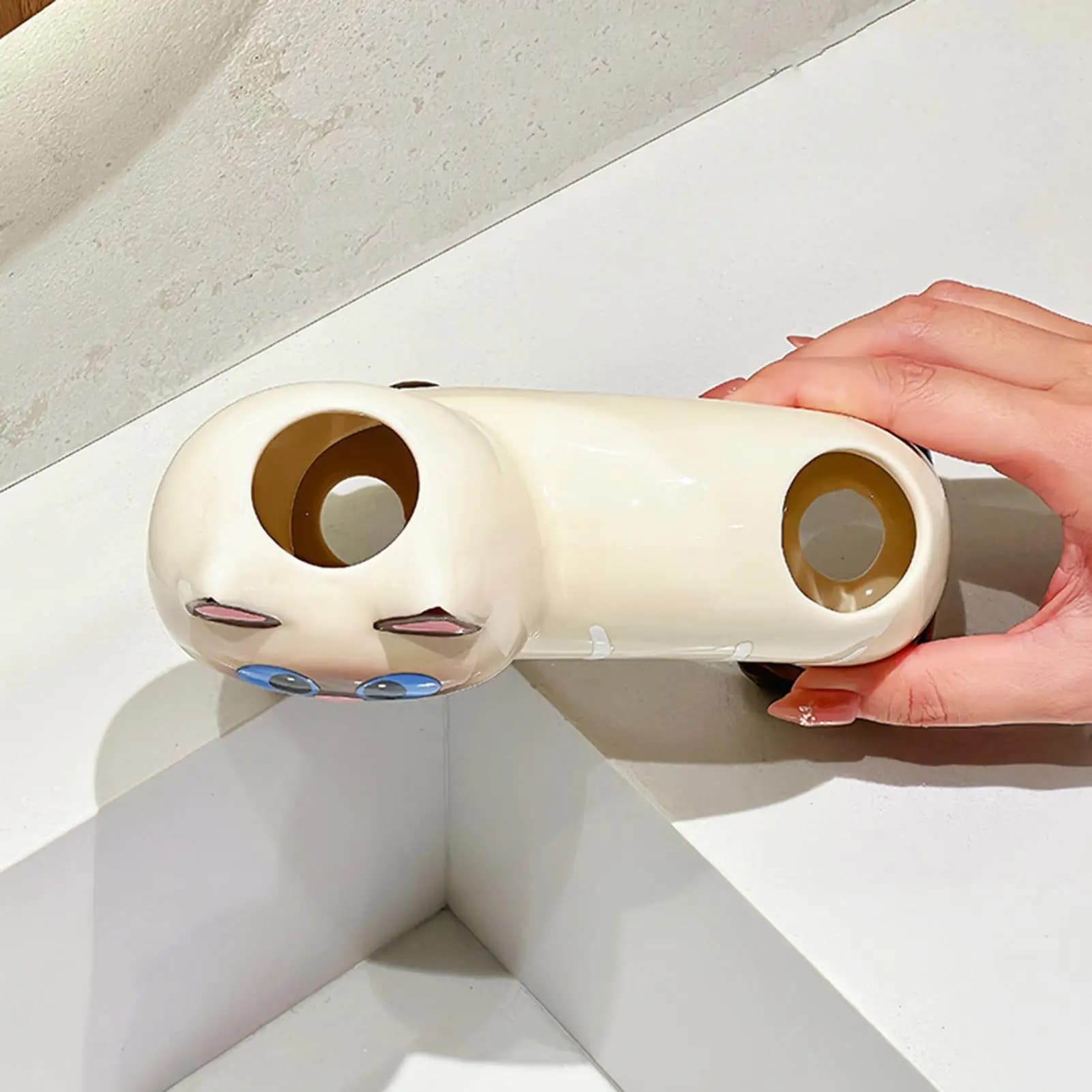 Toothbrush Stand Cat-Shape Ceramic Cute Double Hole Stand Bathroom Toothbrush Holder For Bathroom Countertop Vanity Sink Shower
