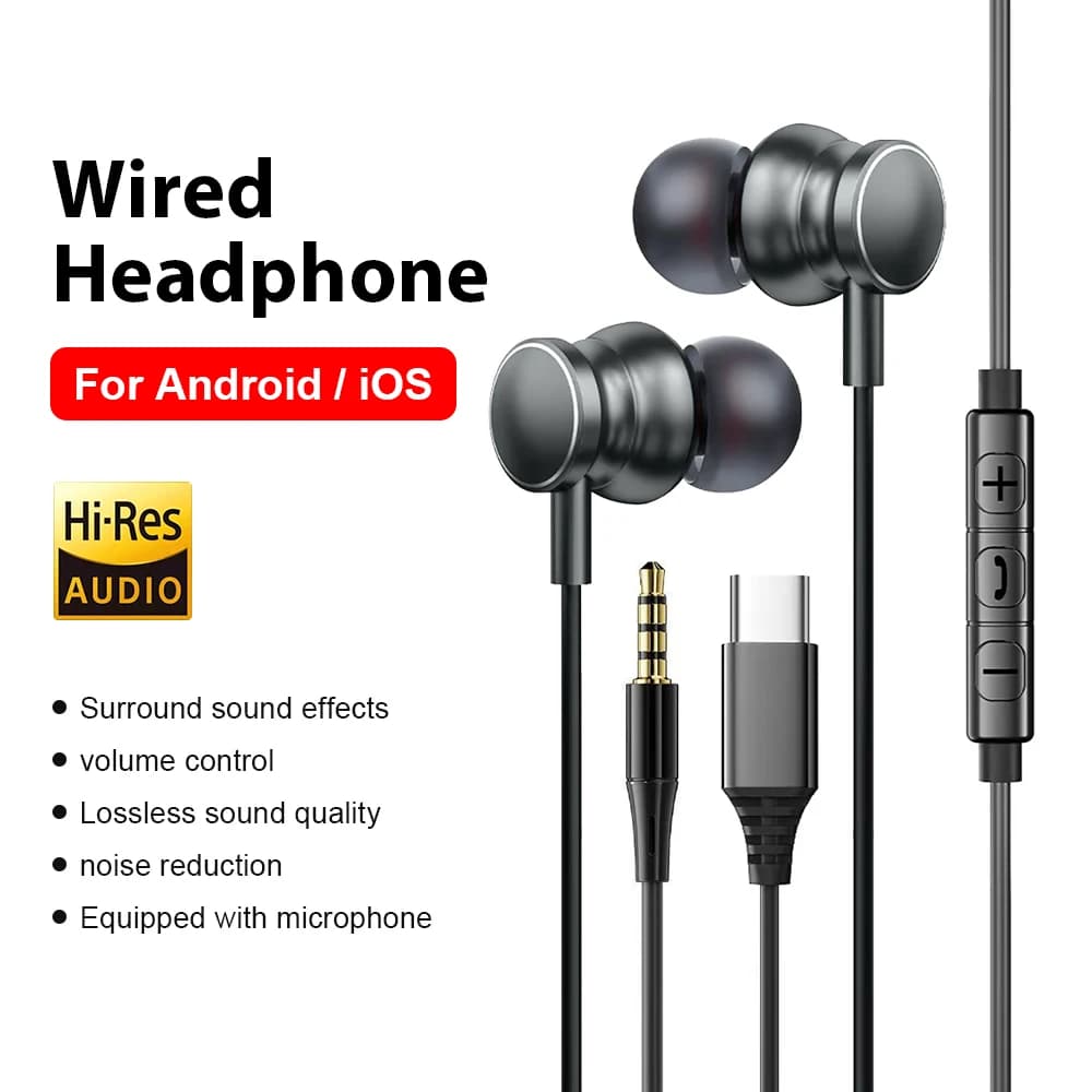 Type C Wired headphones HiFi earphones with 3.5 mm noise cancellation for Samsung iPhone 17 16 15 Xiaomi Huawei Computer tablet heads