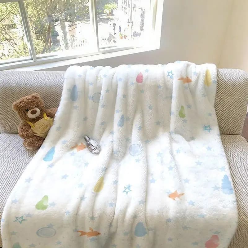 VIKAMA Cute Ocean Fish Flannel Air Conditioner Throw Blanket Star Bubble Print Soft Warm Sofa Bedroom Kids Room Decor